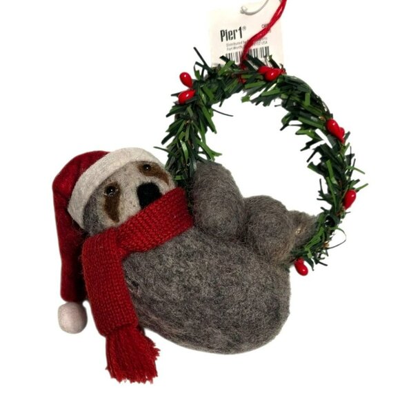 New Pier 1 Wool Felt Sloth Christmas Ornament Wreath Scarf Holiday Decor Gift - Picture 1 of 9